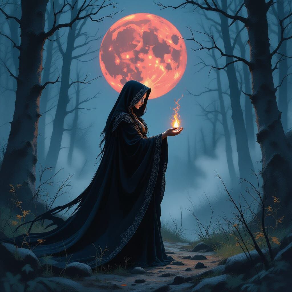 Heathen Ritual Under a Blood Moon, Fantasy Art