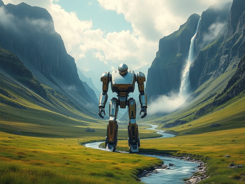 Cyberpunk Robot in Serene Valley Landscape