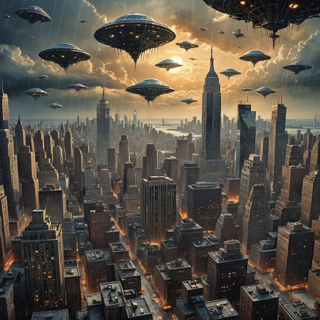 Alien Spaceships Invade New York: Retro Comic Art