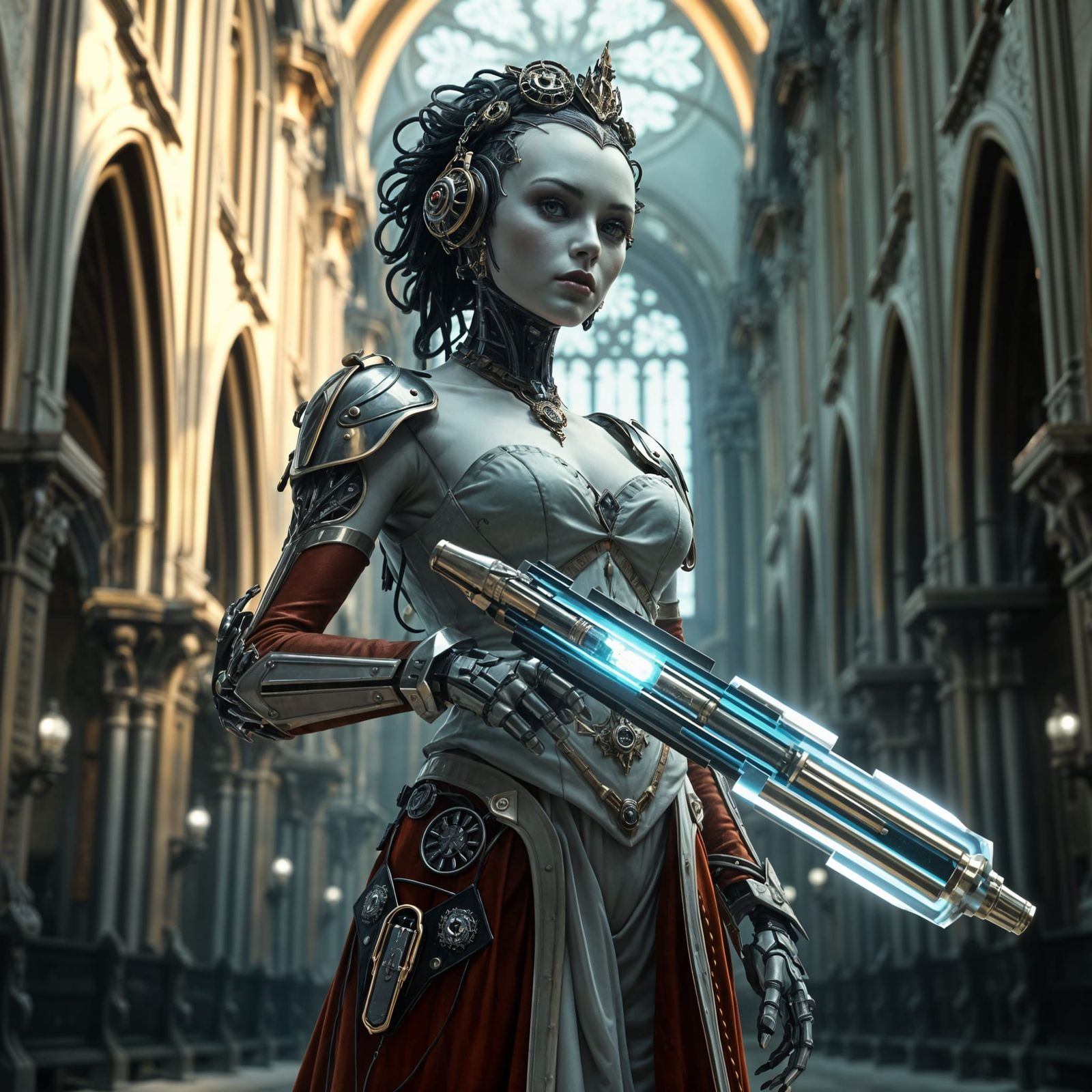 Gothic Cyborg Woman Defending Cathedral
