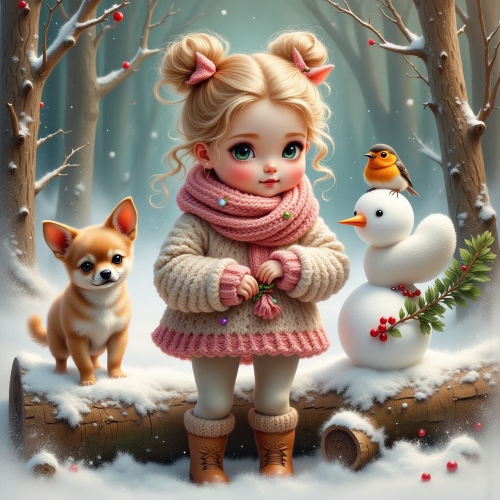 Whimsical Boho Girl Crocheting in Snowy Forest