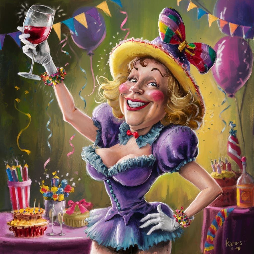 Create a Funny Character Female card, She is holding a Glass Wine, for birthdays Saying "Happy Birthday Karen, Hope you ...