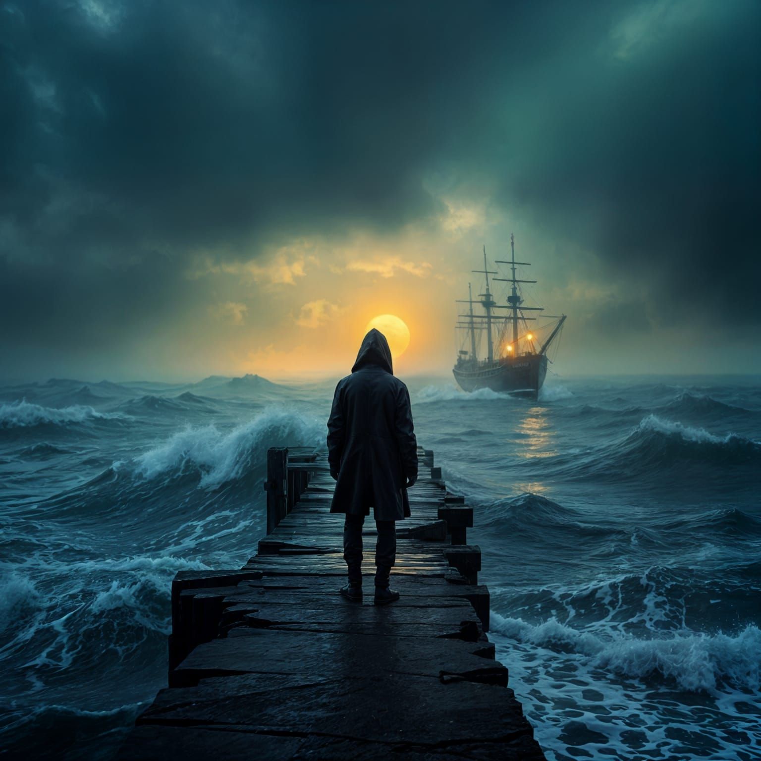 Figure Lost in the Stormy Depths