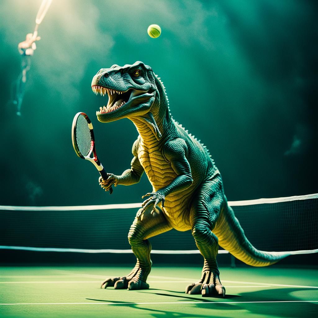 T-Rex Plays Tennis: Cinematic Film Still