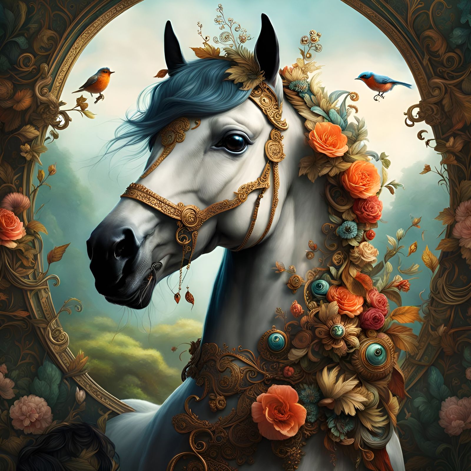 Fairytale Seahorse Portrait with Robin, Detailed Fantasy Art