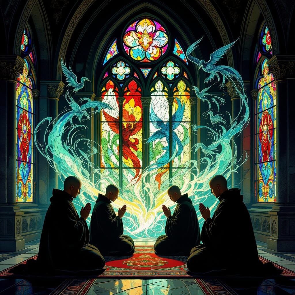 Monks Praying Amidst Demons in Vibrant Stained Glass Style