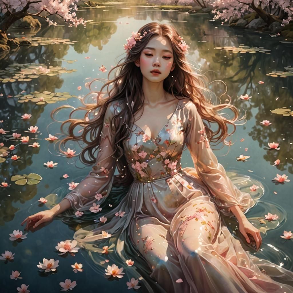 Girl Floating on Pond with Cherry Blossoms