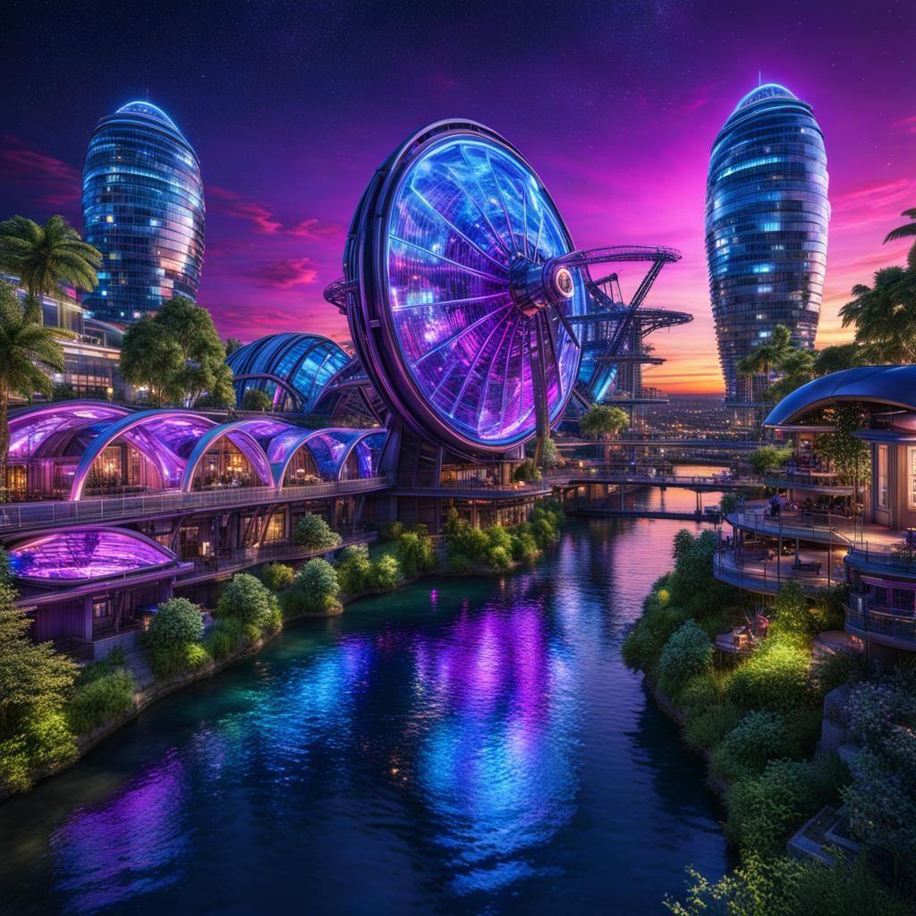 Nightside Futuristic Biopunk City with Water Turbine