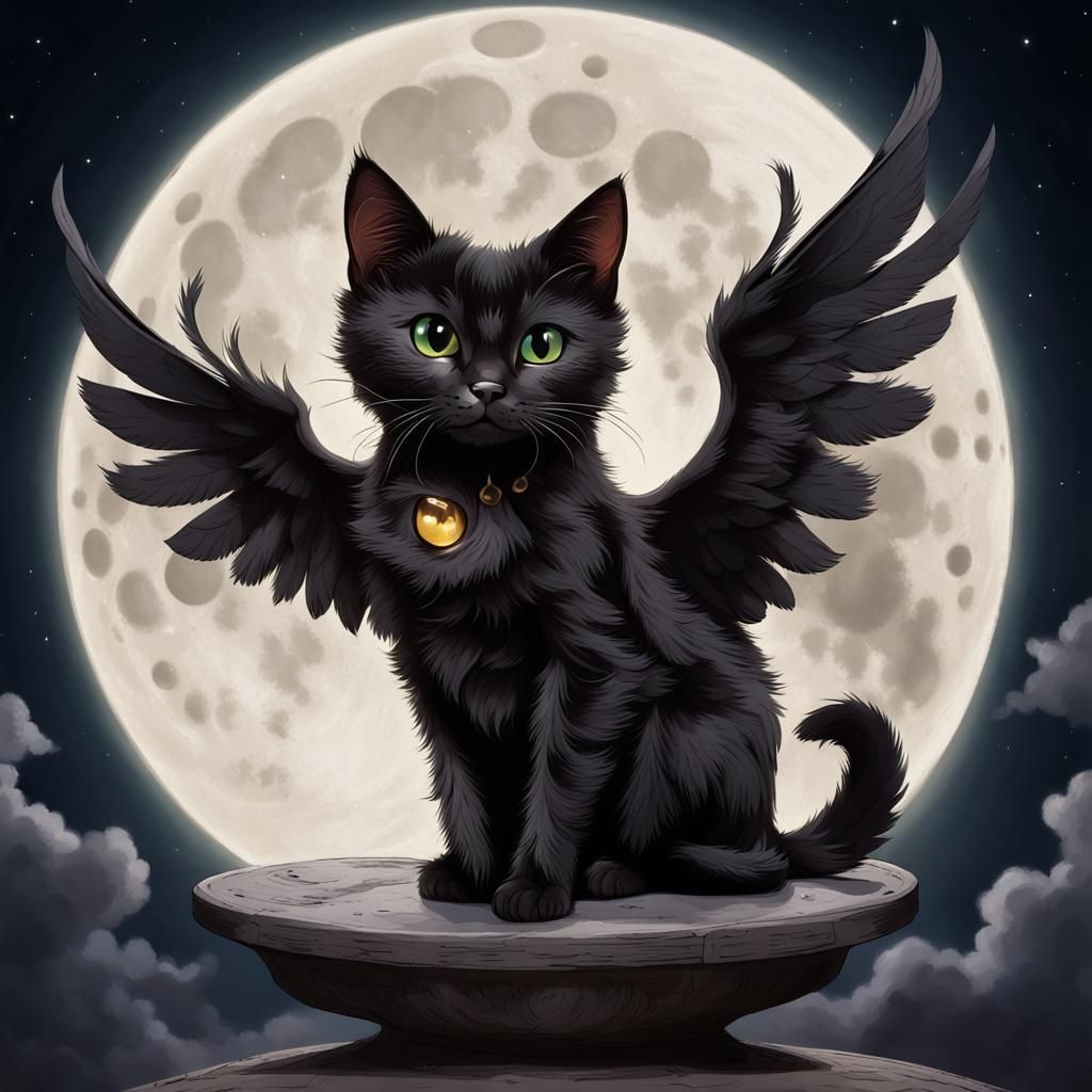 Winged Black Cat on the Moonlit Night