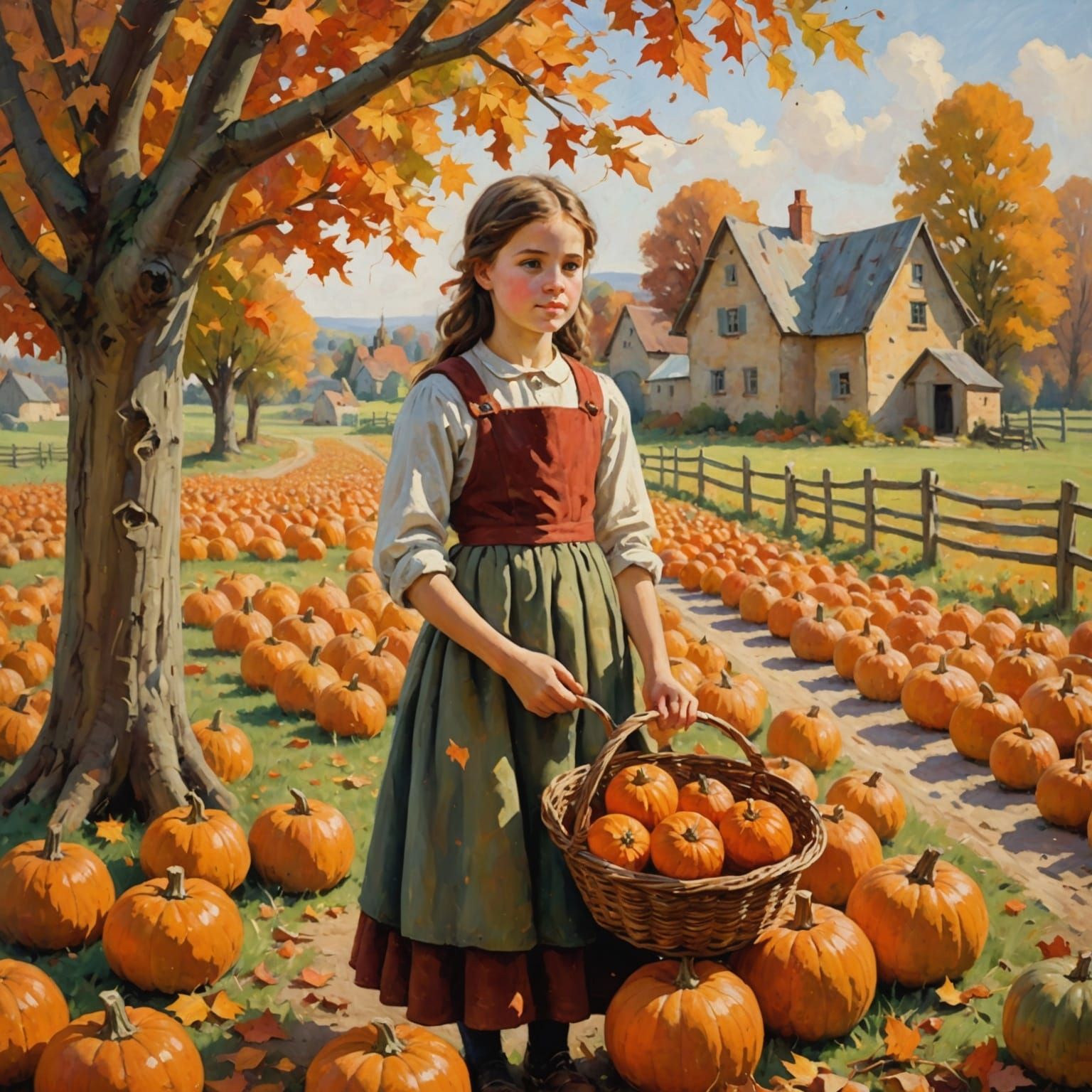 Autumn Harvest: Impressionist Painting of Village Girl