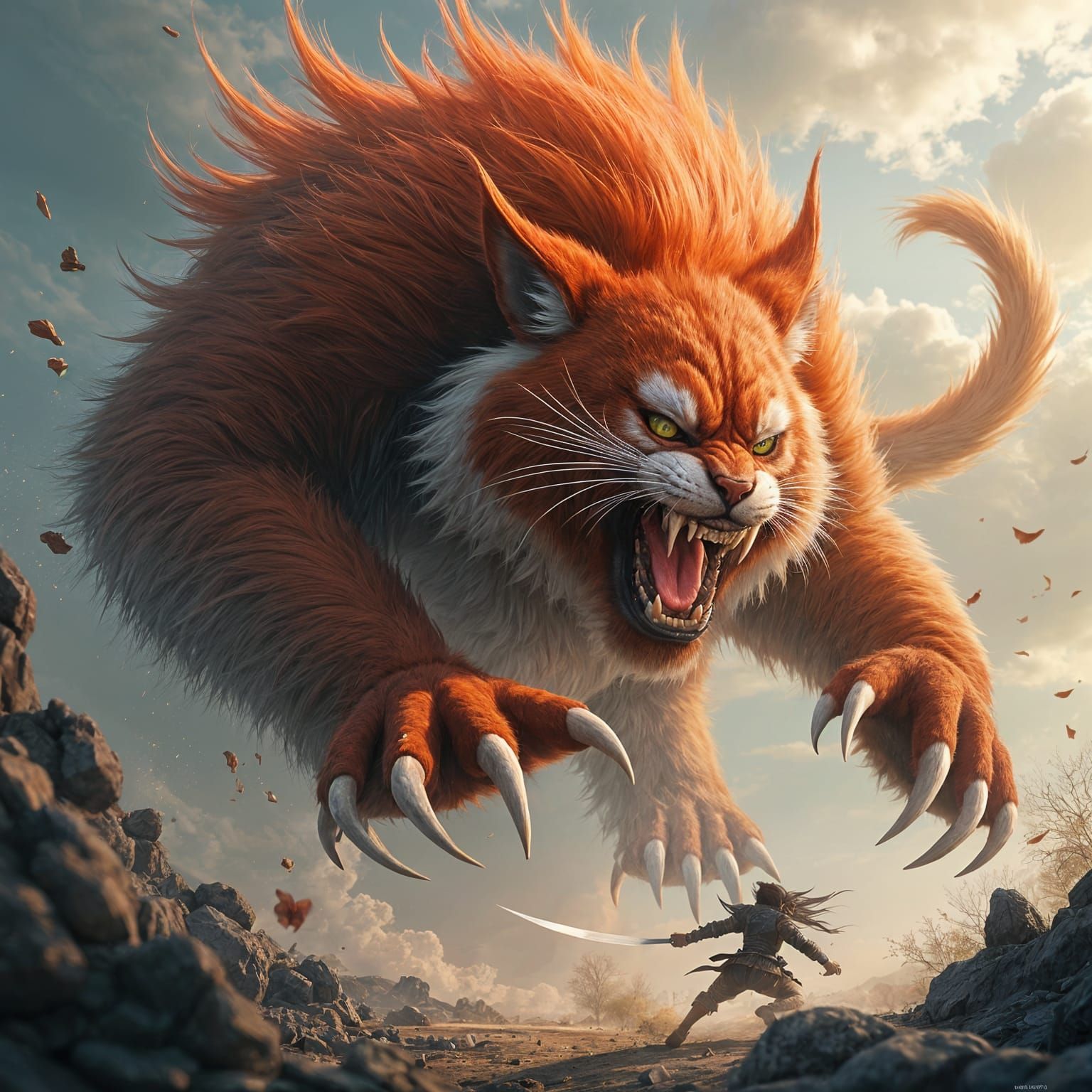 Giant Cat Fight in Anime Style 3D Rendering