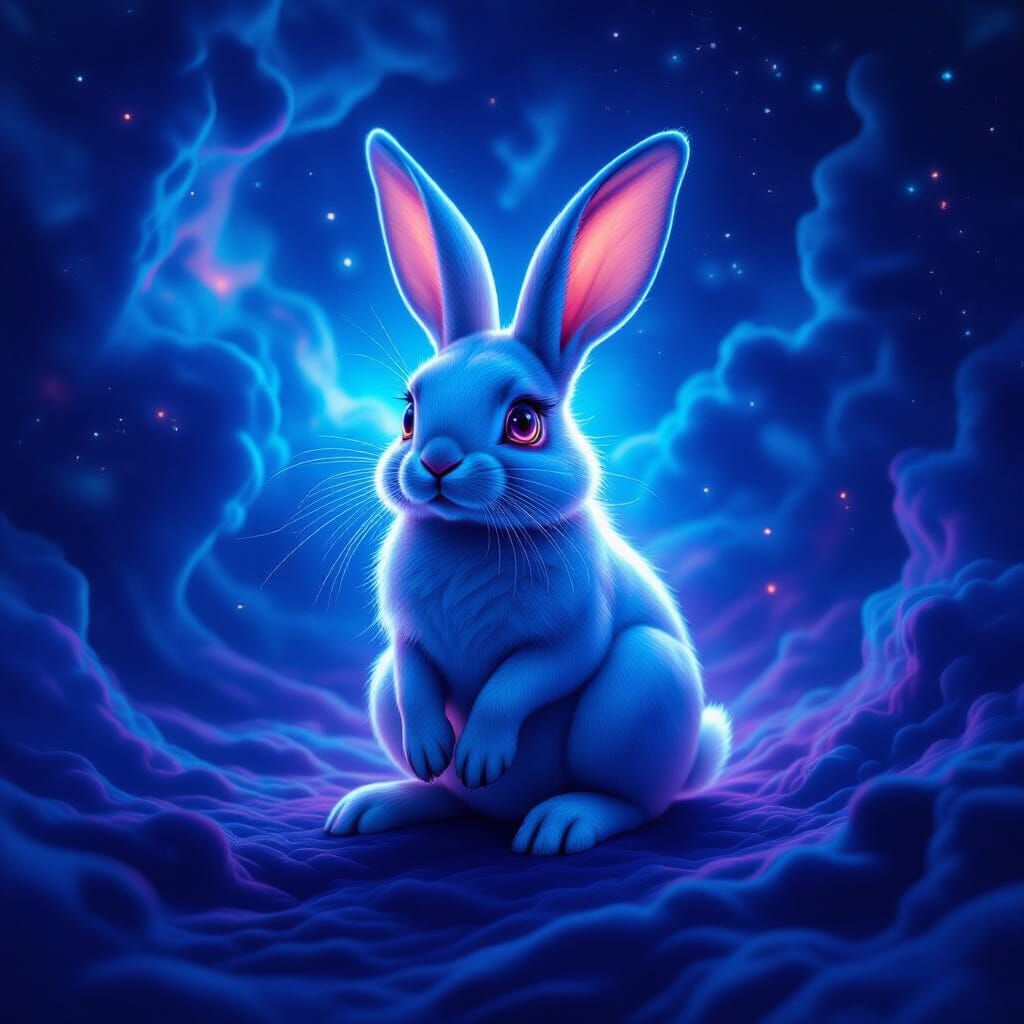 Bioluminescent Rabbit in Cosmic Nebula, Surreal Art