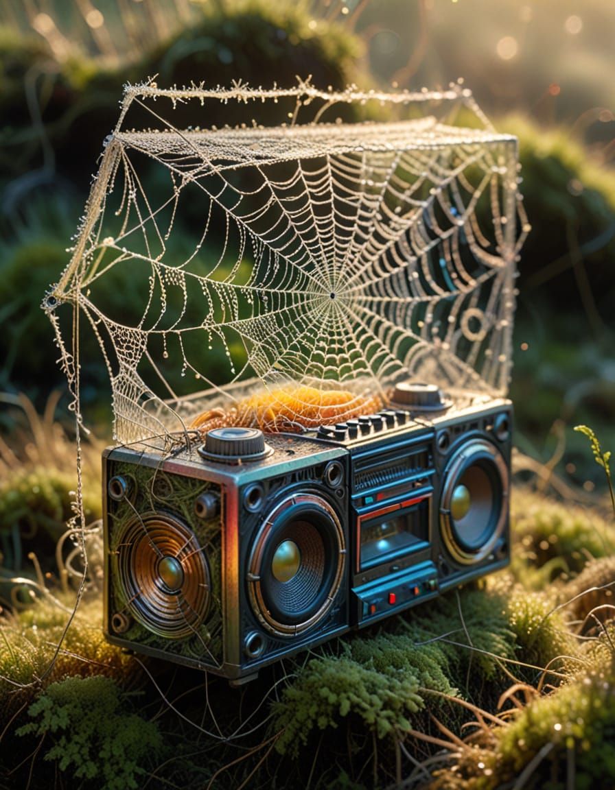 Intricate Spiderweb Boombox Sculpture in Warm Sunrise Light