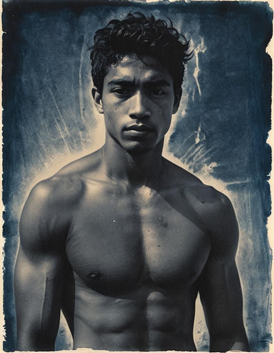 Cyanotype Portrait of a Young Latino Man