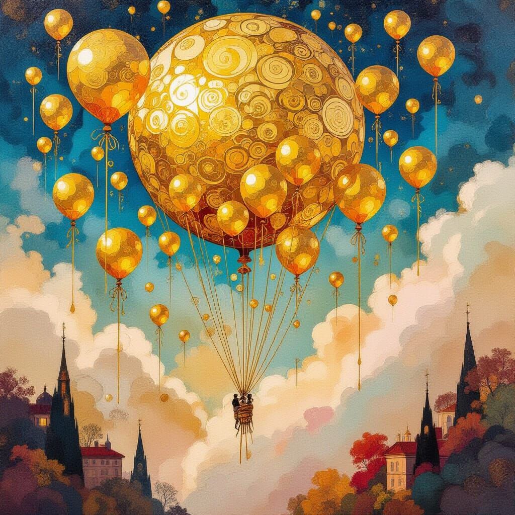 Golden Balloons Float in Mystical Dreamscape as Matte Painti...