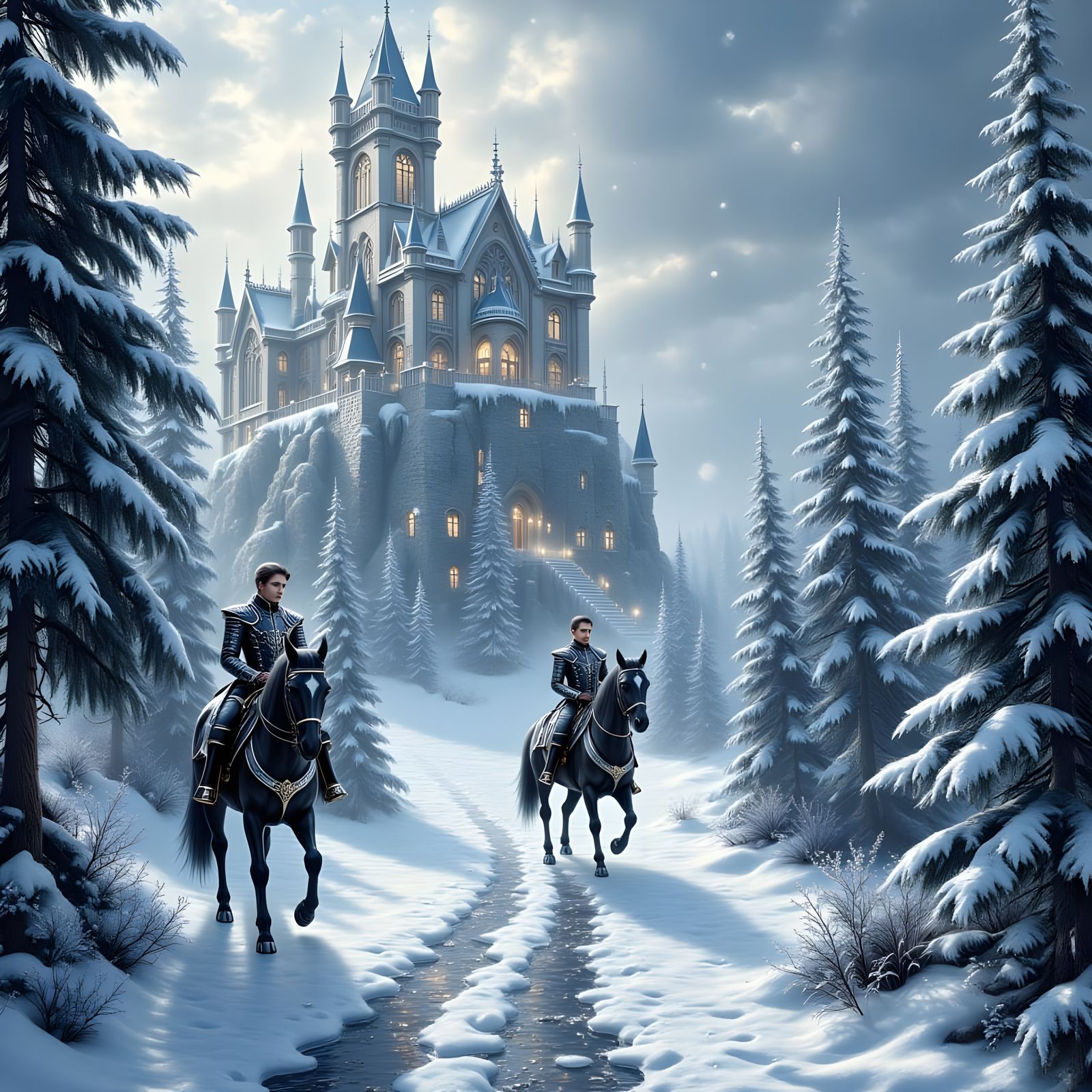 Winter Kingdom with Snow-Dusted Castle and Frost-Covered Kni...