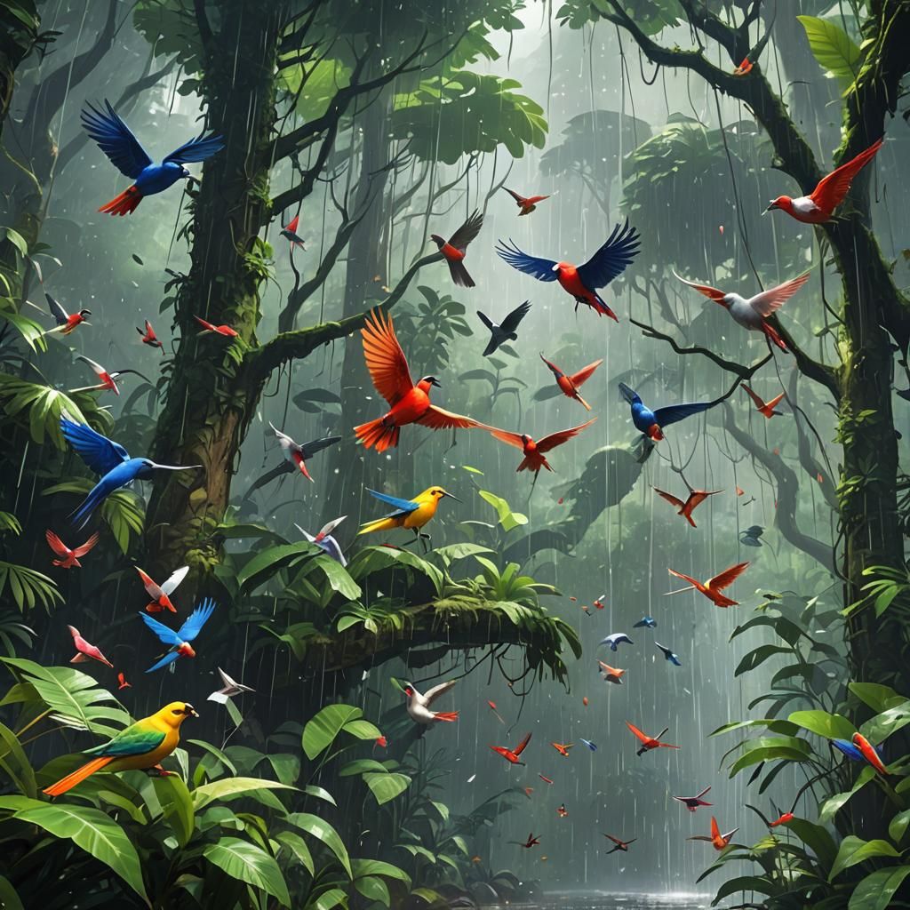 Lush Rainforest Scene with Colorful Birds: Anime Art