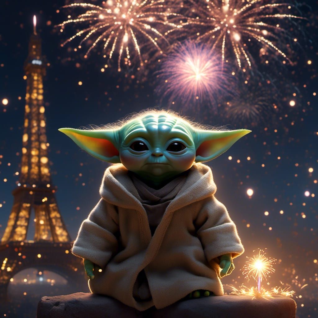 Baby Yoda Celebrates New Year's Eve with Fireworks