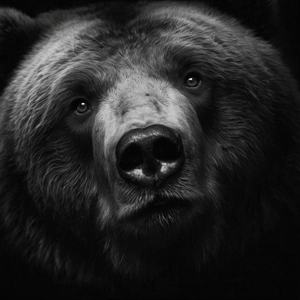 Concerned Kodiak Bear Rising from Darkness: B/W Portrait