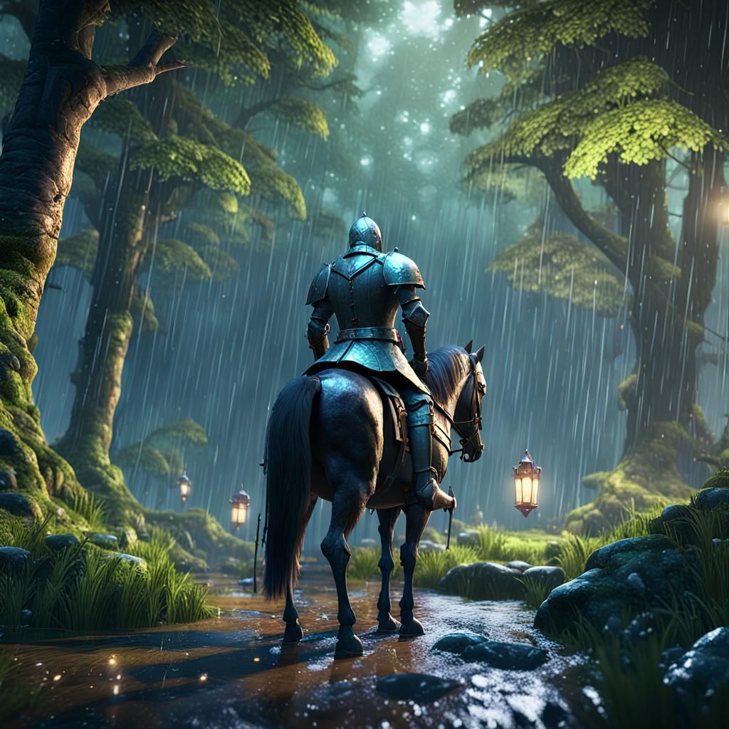 Knight in Rainy Enchanted Forest, 3D Rendered