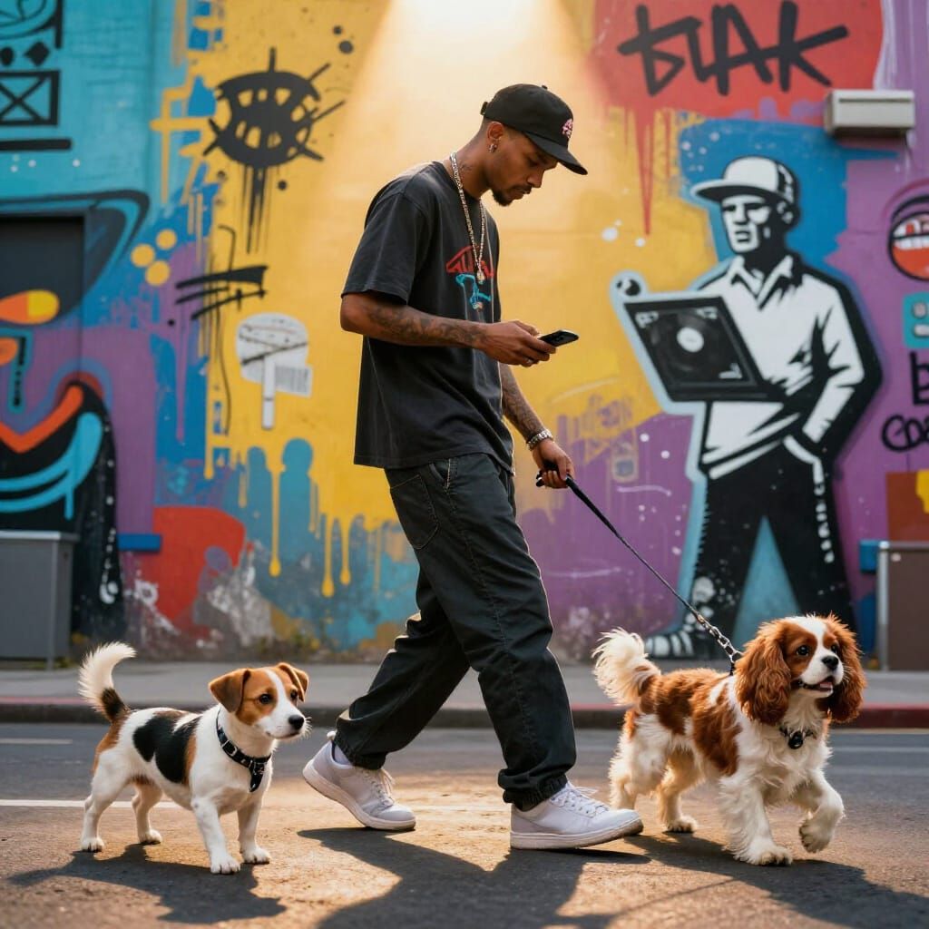 Rapper Composes Beat Walking Dogs in Urban Street Art Style