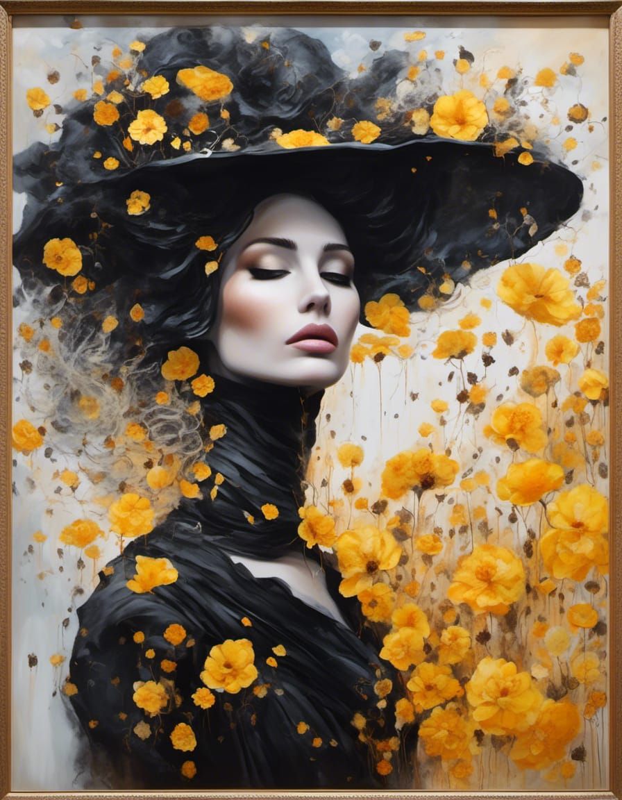 Whimsical Woman in Flowing Black Dress Portrait