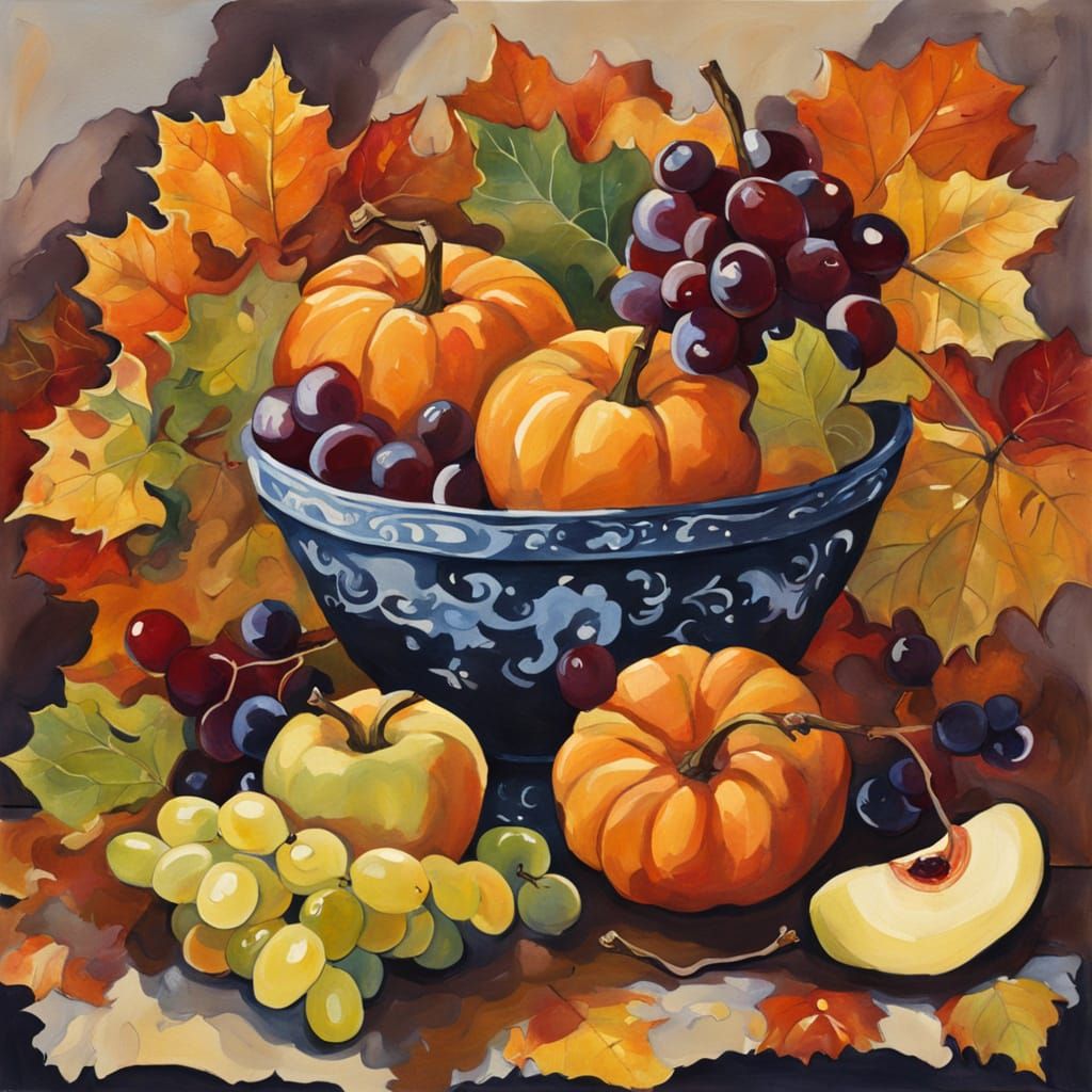 Autumn Harvest Table with Fruits and Pumpkin