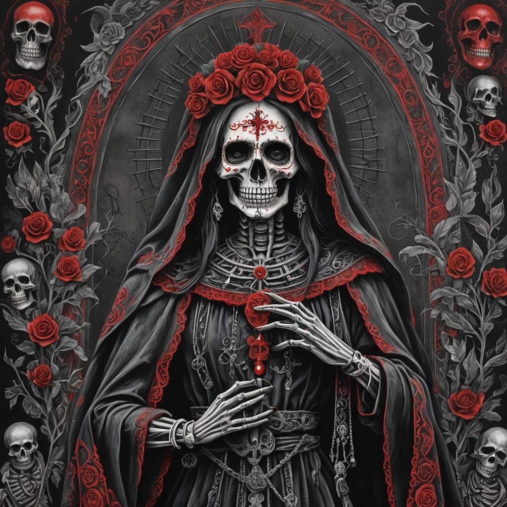 Mysterious Saint Death in Dark Traditional Mexican Folk Art