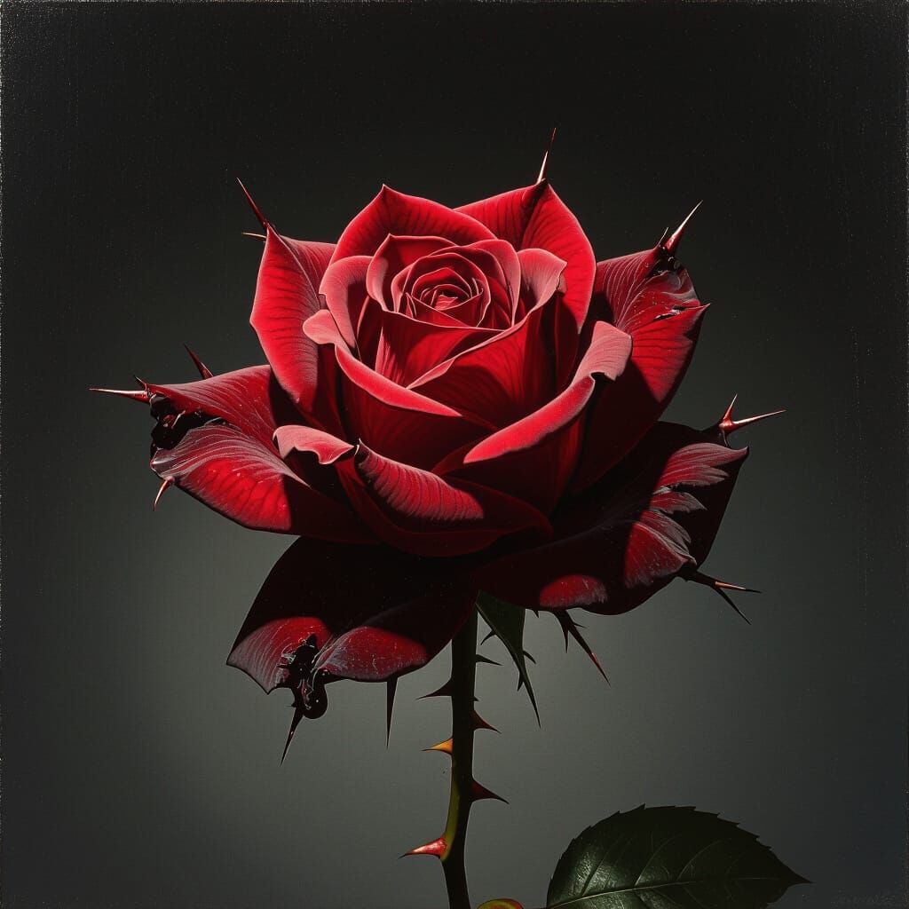 Rotting Crimson Rose with Thorns Under Spotlight
