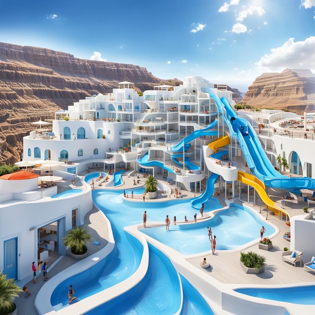 Santorini Water Park with Slides in Hyperrealism