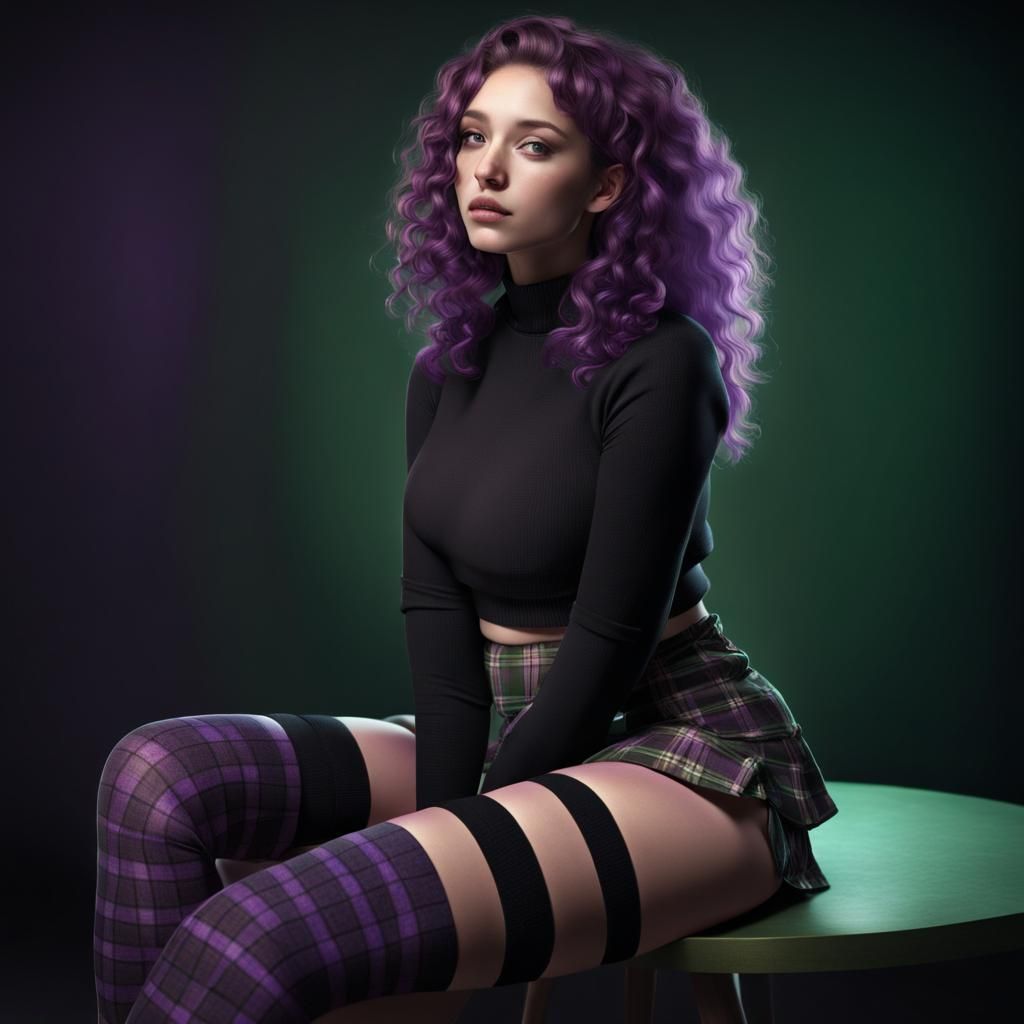 Purple Haired Woman in a Colorful Dark Room