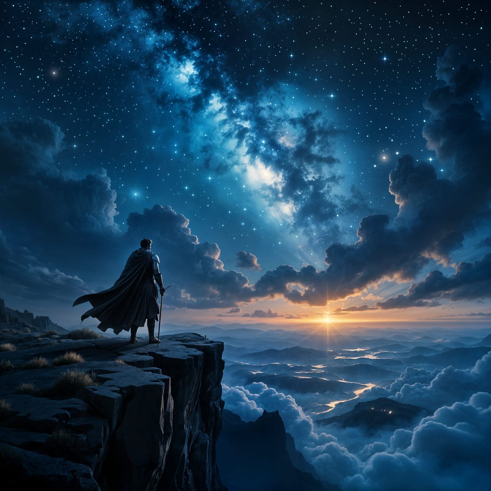 Lone Knight Gazes at Starry Sky Over Dreamlike Landscape