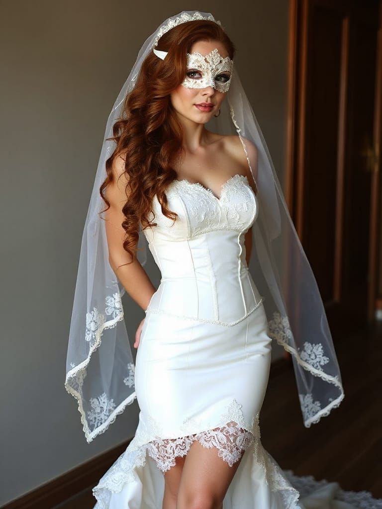Woman in White Latex Corset Wedding Dress