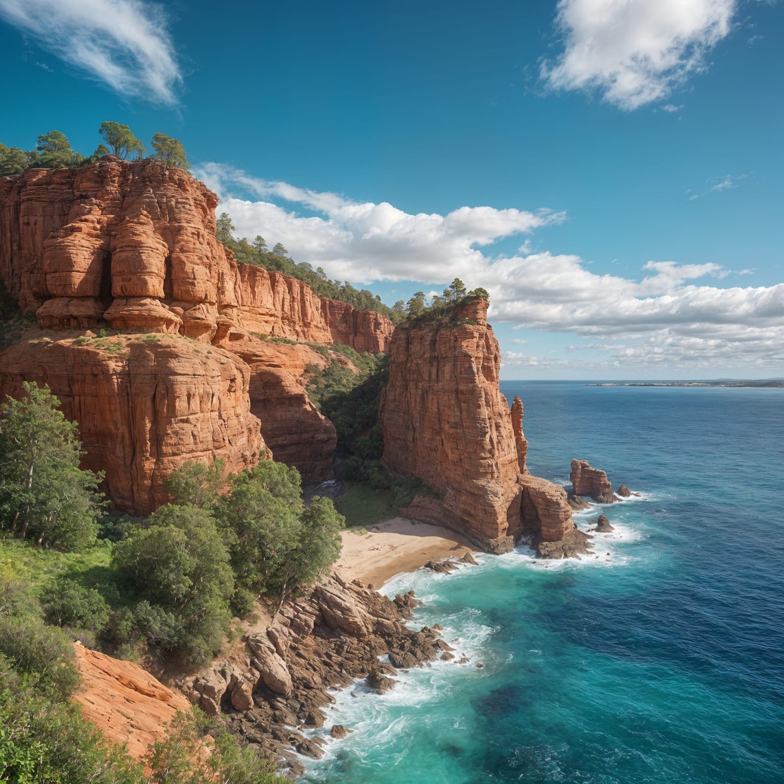 photorealistic, high-resolution coastal landscape, bright midday lighting, red sandstone cliffs in the foreground, layer...