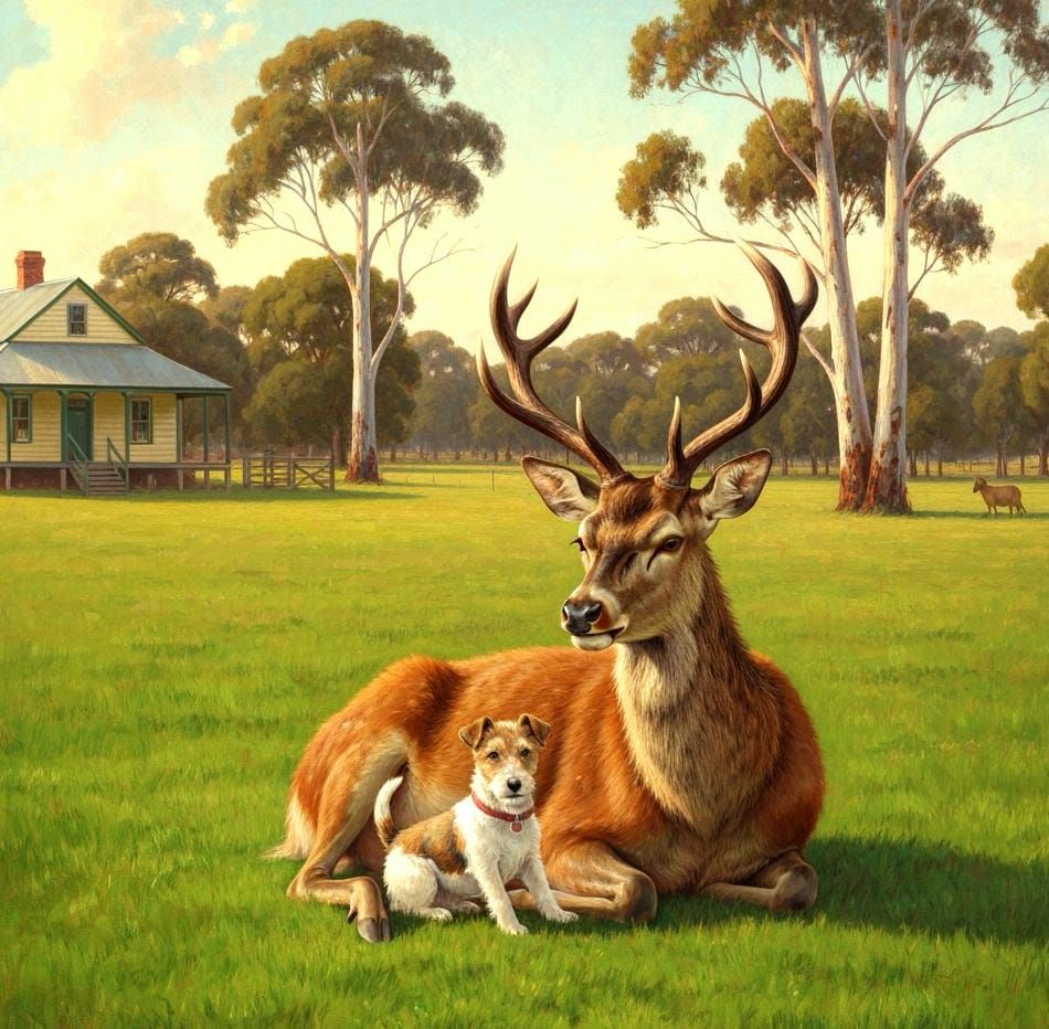 Red Deer Hind and Fox Terrier in Farm Setting