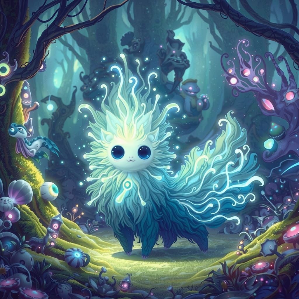 Bioluminescent Creature in Ethereal Digital Painting Forest