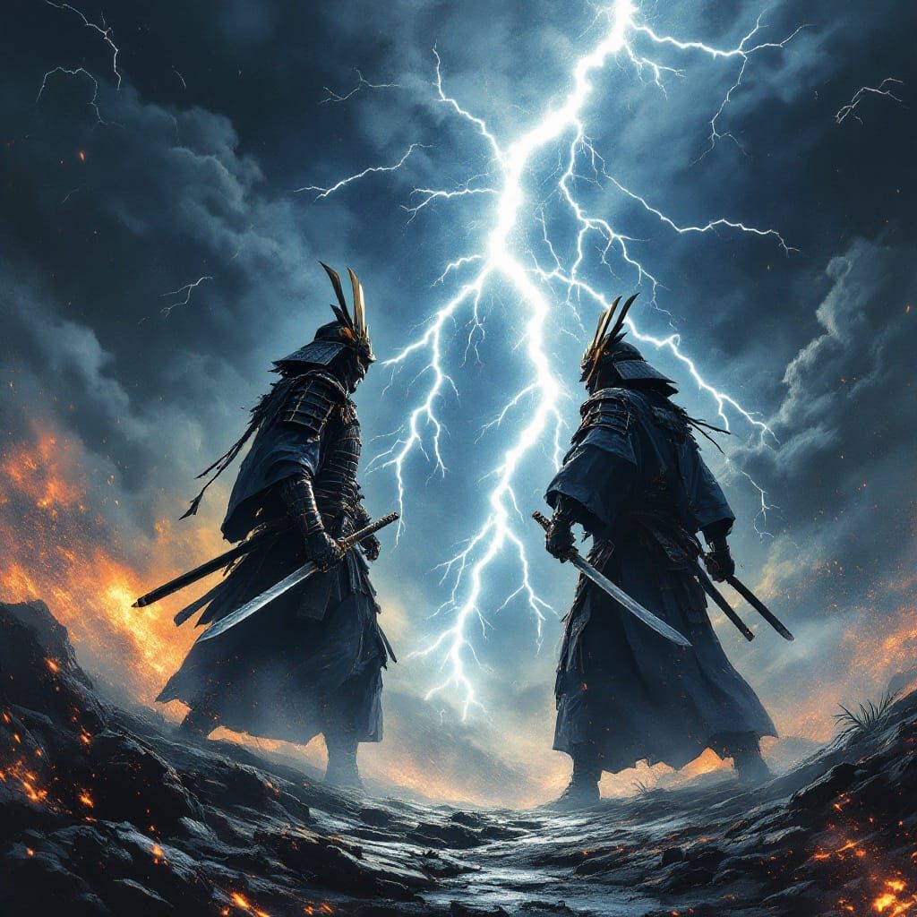 Dramatic Samurai Duel Under Electric Storm Night