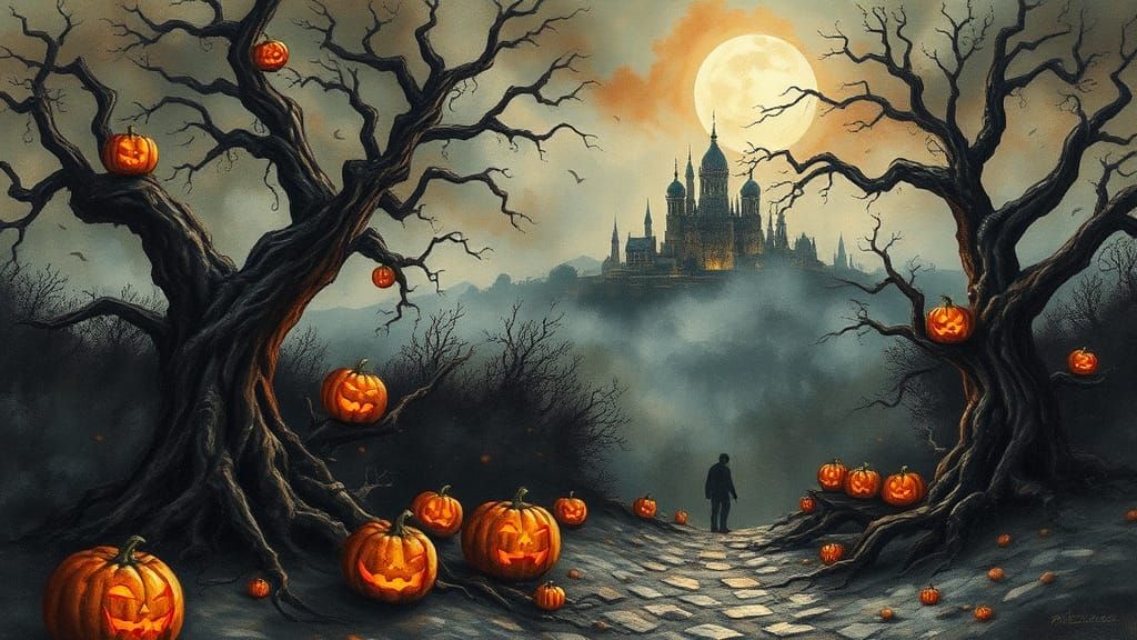 Eerie Halloween Scene in Impasto Palette Knife Style