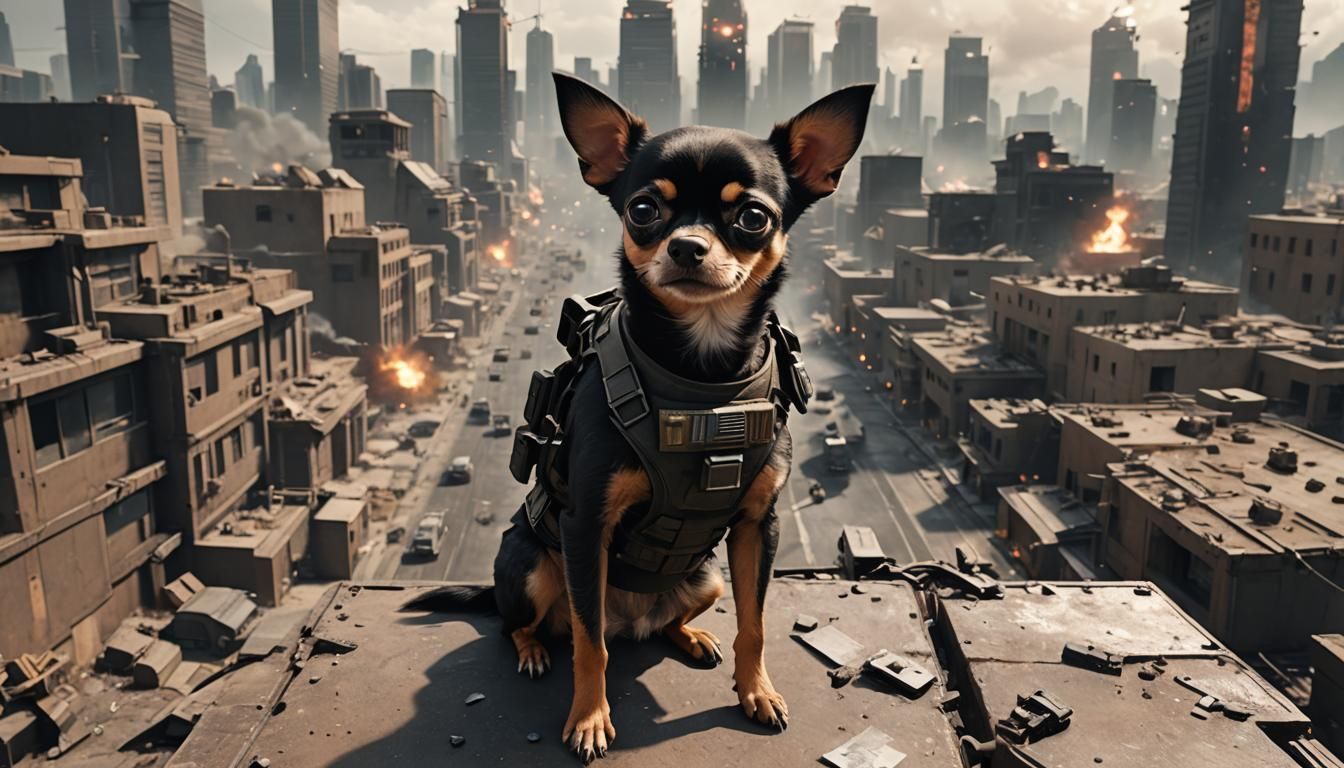 Futuristic Chihuahua Soldier in Cyberpunk Cityscape