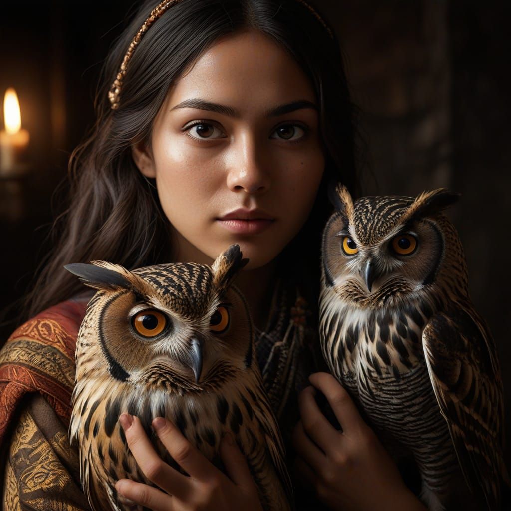 Indigenous Girl With Owl In Dramatic Lighting
