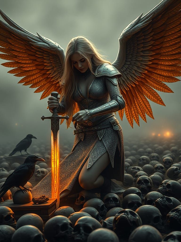 Grief-Stricken Archangel on Medieval Battlefield