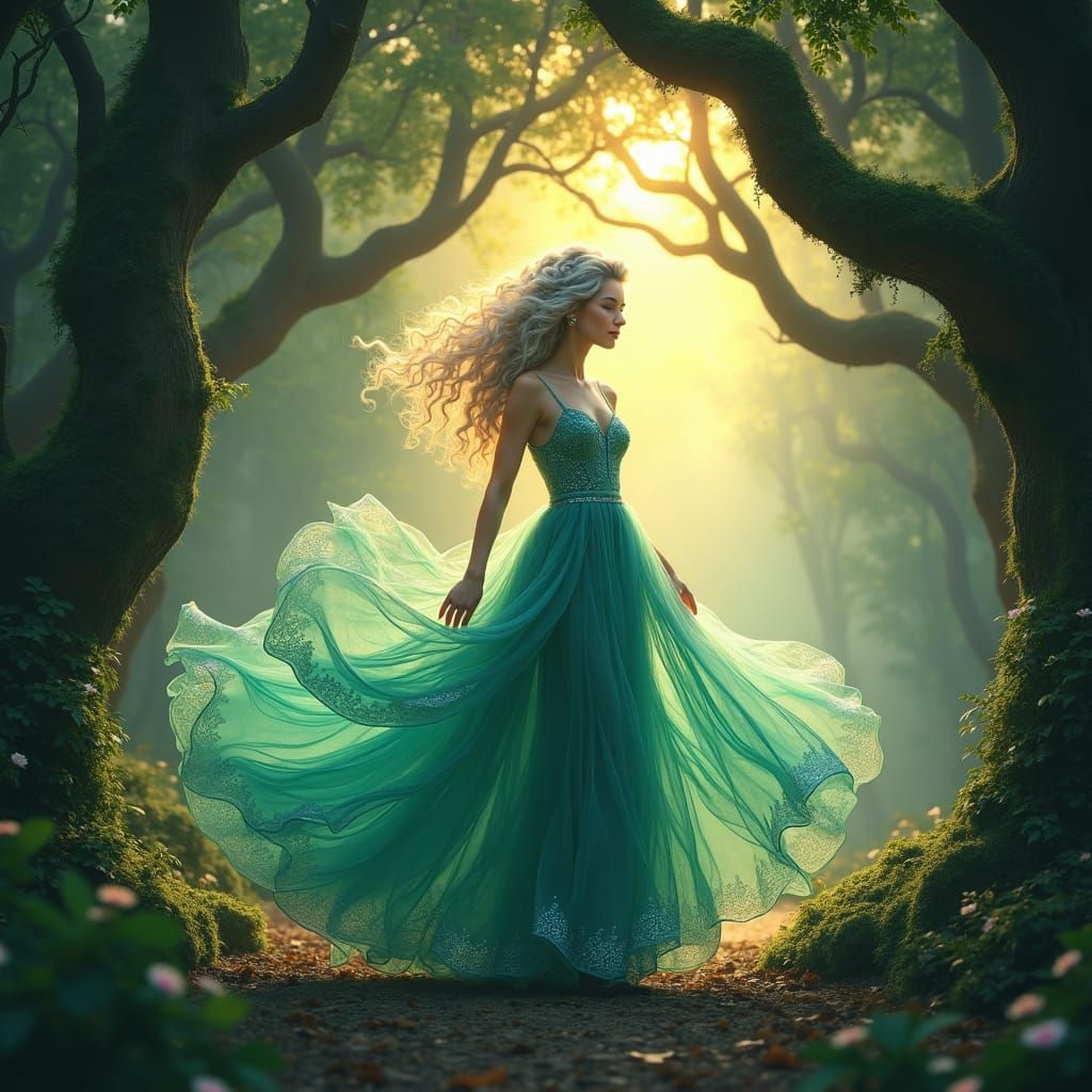 Ethereal Forest Goddess Dancing in Emerald Light