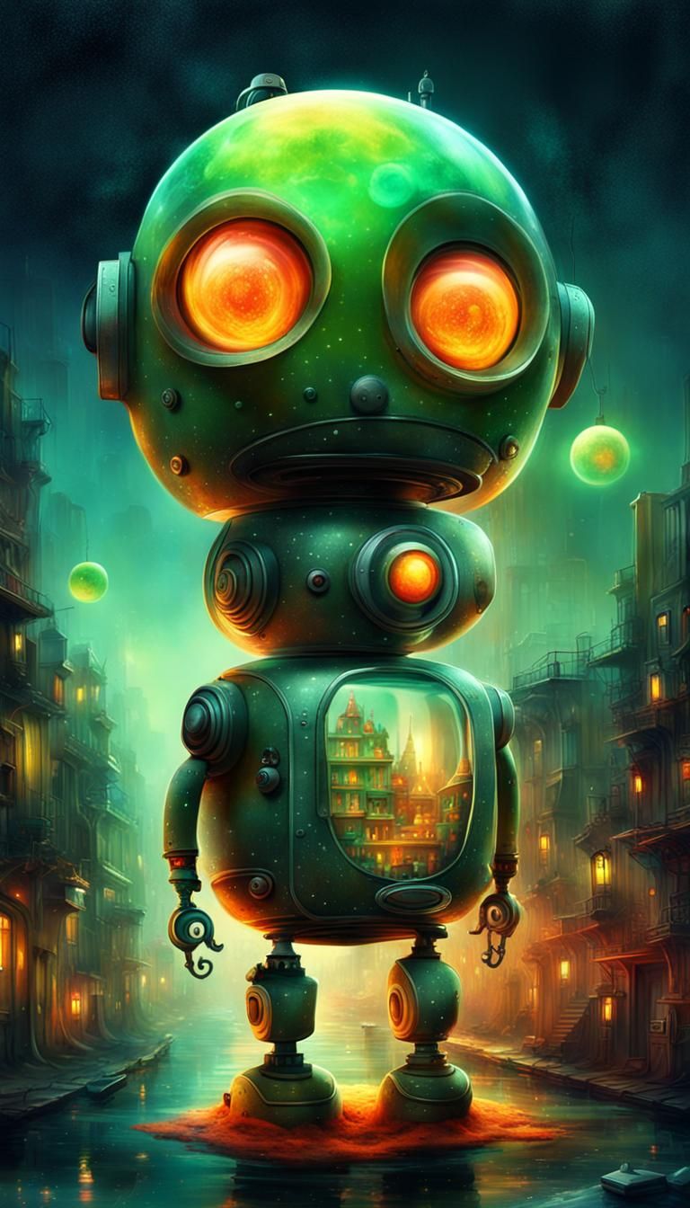 Chibi Robot in Surreal Cyberpunk Cityscape