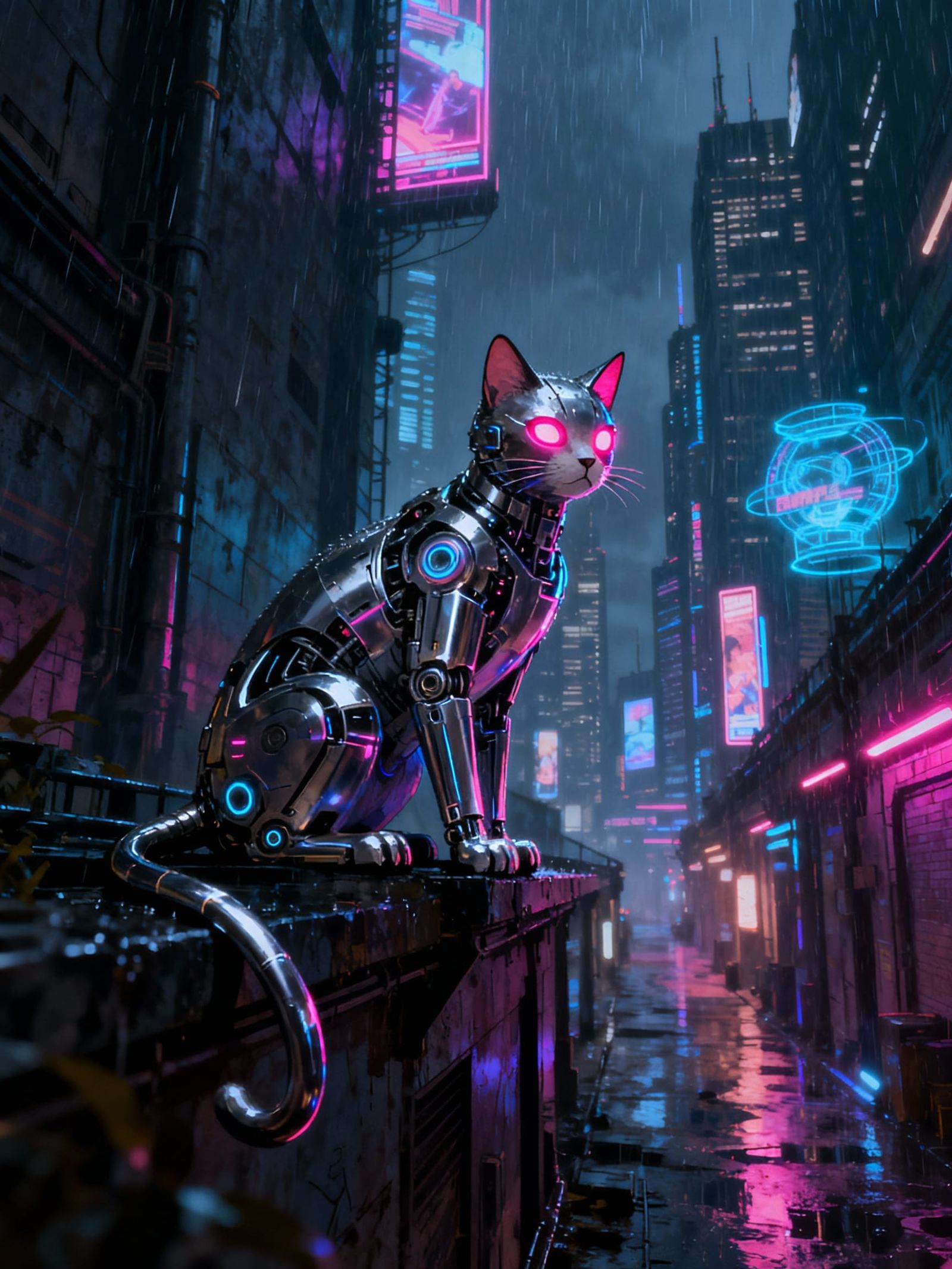 Cybernetic Cat in Neon-Lit Rainy Alleyway