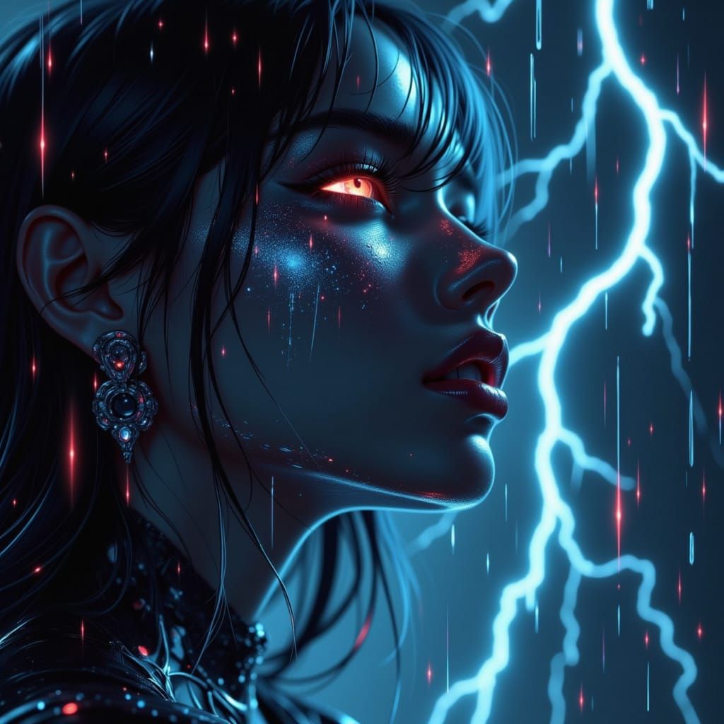 Cyborg Woman Joyfully Crying in a Lightning Storm