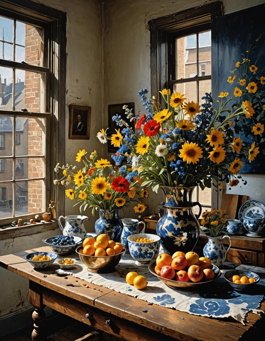 Butcher Table with Flowers in Hyperreal Style