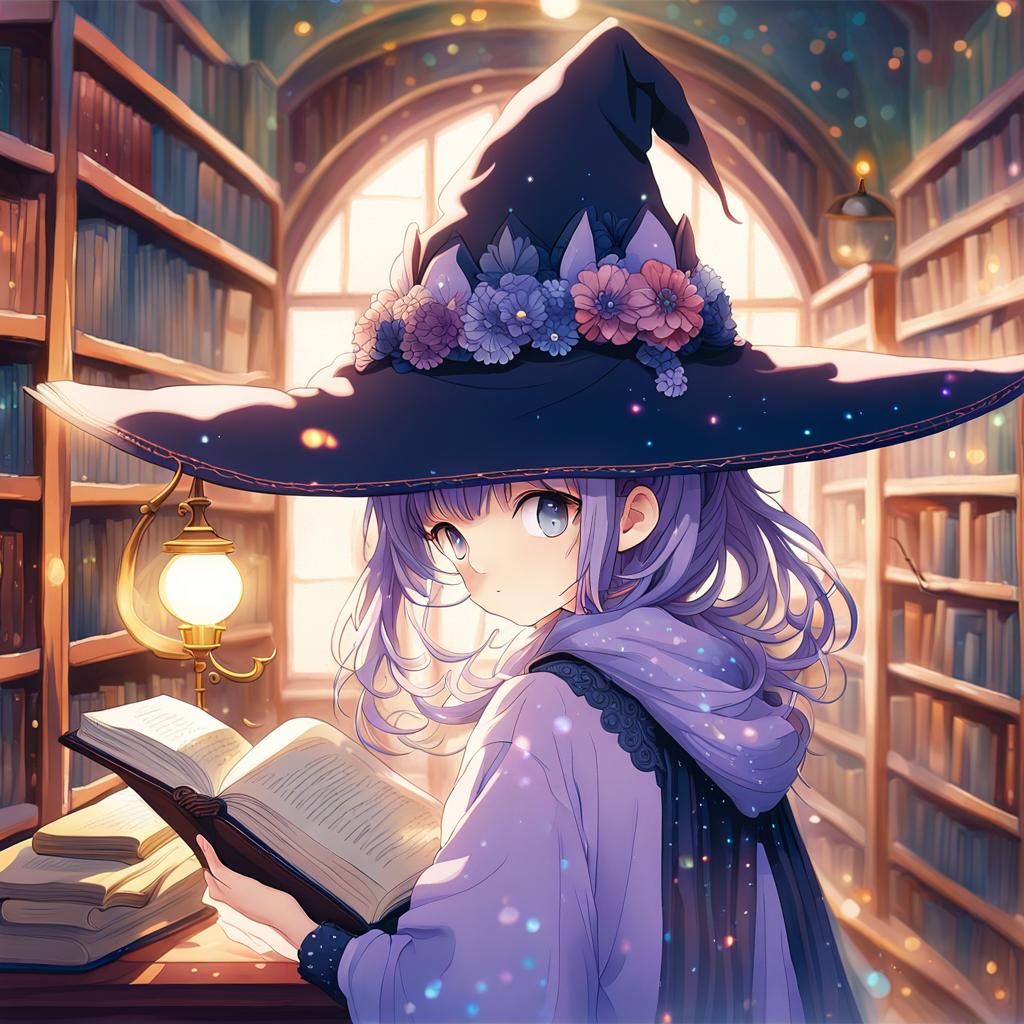 Anime Witch Girl Reading in Library, Watercolor Style