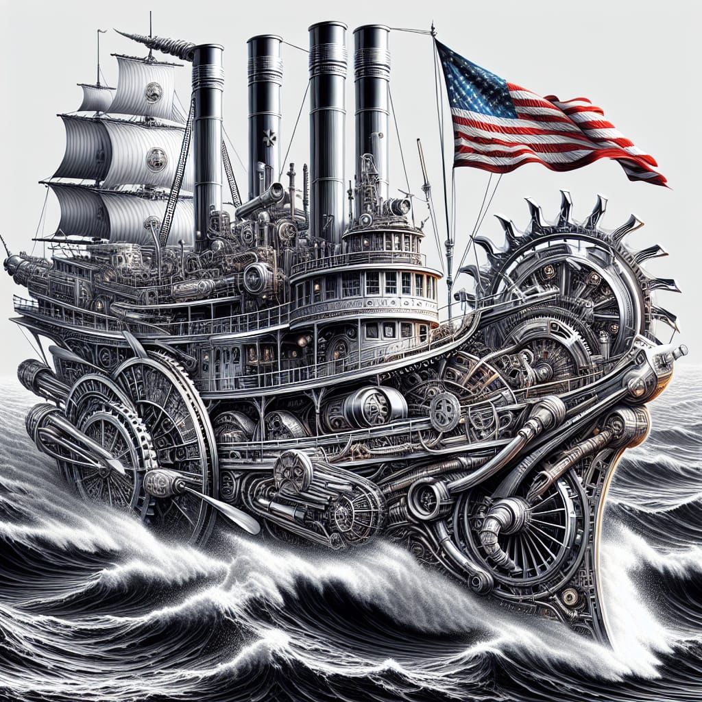 Steampunk Boats on the Ocean with American Flag