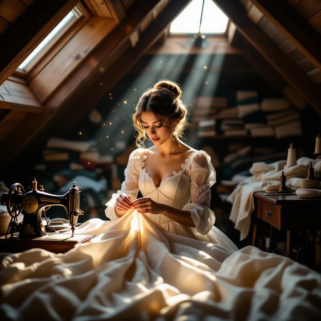 A lone seamstress in a dimly lit attic, surrounded by bolts ...