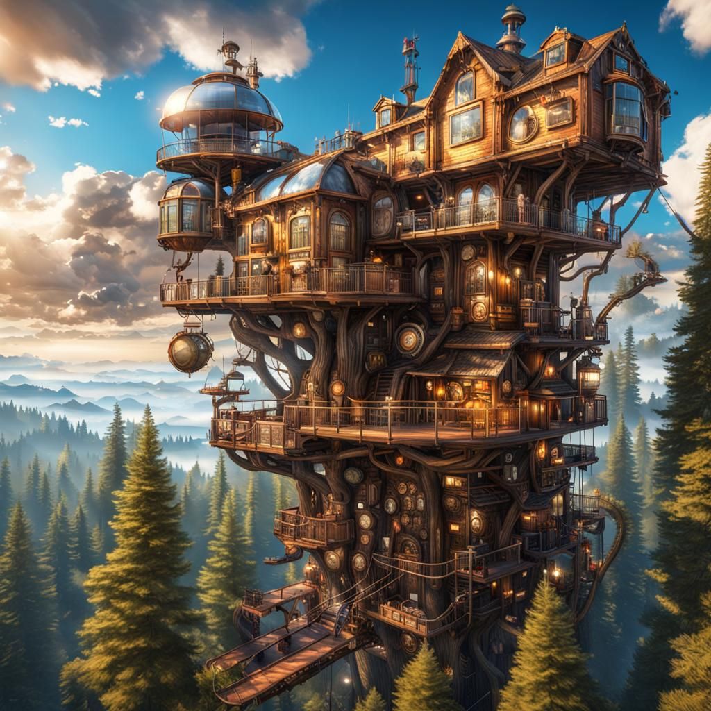 Steampunk Treehouse in Giant Sequoia, Digital Art